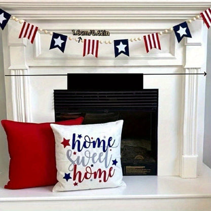 Patriotic Red, White and Blue Bunting Banner with Star Flags and Natural Wood-Bead Garland for Display