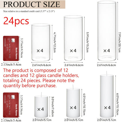 Pillar Candles with Clear Glass Hurricane Holders – Unscented White Cylinder Candles & Vases for Wedding Centerpieces, Party Tables, Home & Office Decor, Bulk Set 24 or 48 Pieces