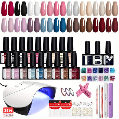 36-Piece Gel Nail Polish Kit with 36W UV LED Lamp, Three Checkout Sets and Pink-to-Blue Color Range