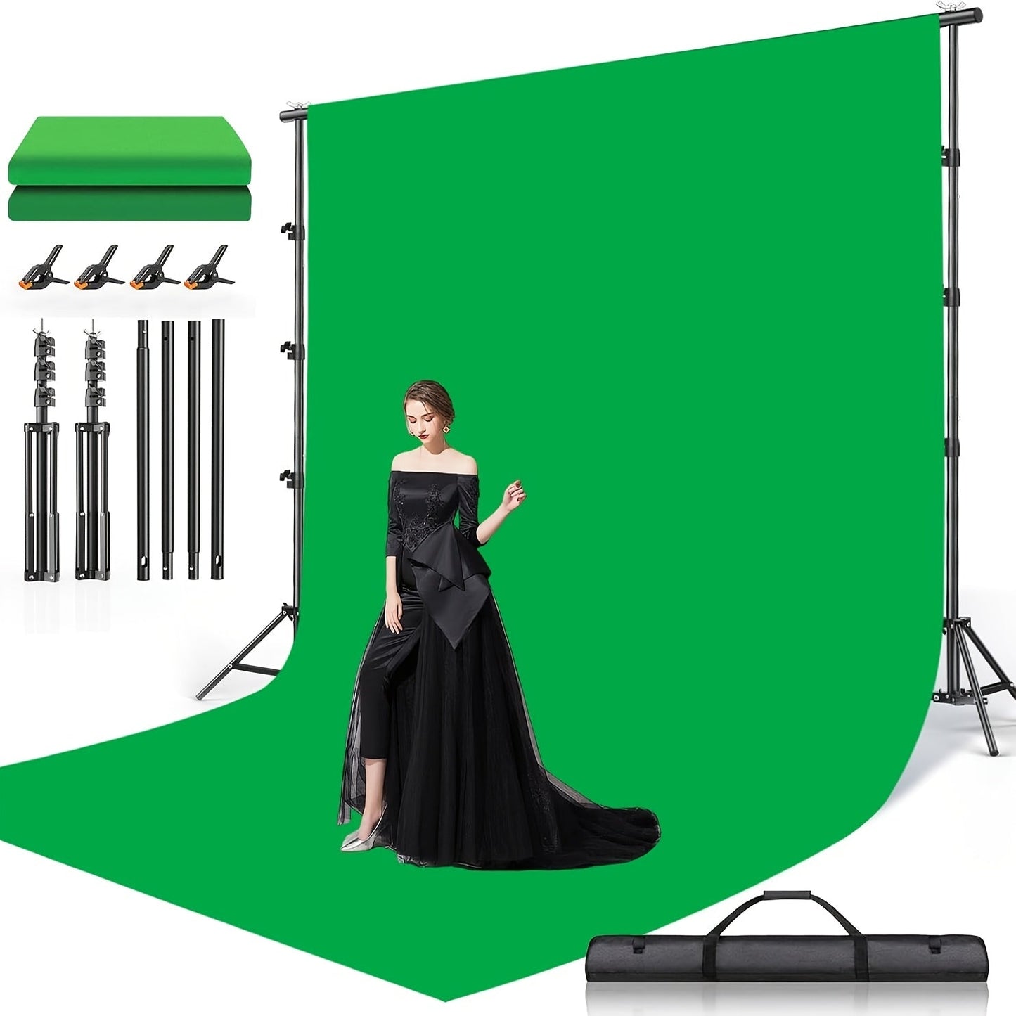 Green Screen Backdrop and Stand Kit with Crossbar, Two Tripods, Four Clamps and Exact 8.5 by 10 Foot Option