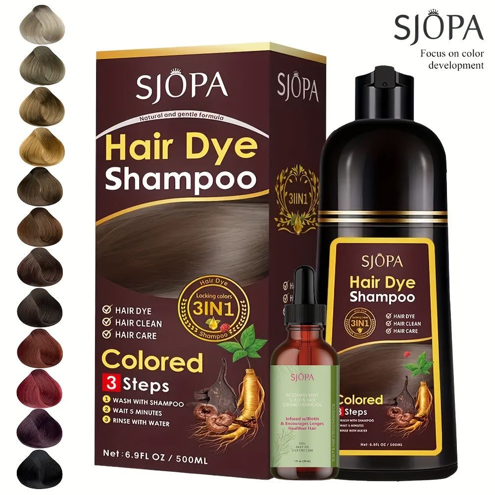 Hair Dye Shampoo, SJOPA 500ml Bottle and Rosemary Hair Oil Set with Seven Color Options for At-Home Color Selection