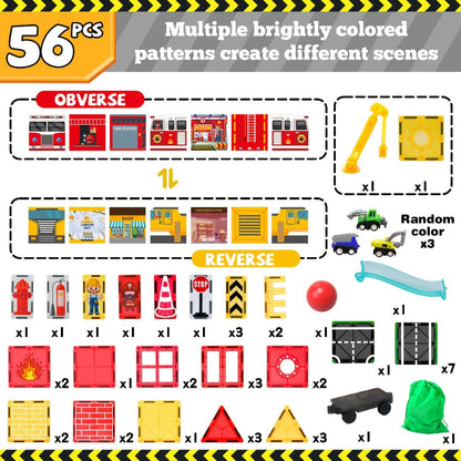 Magnetic Tiles 56-Piece Fire Station Building Set with Road Panels, Crane, Ramps and Vehicle Pieces