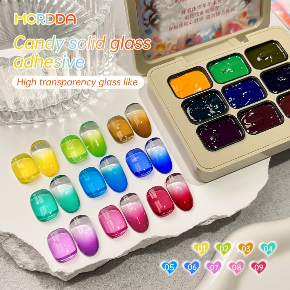 Candy Glass Gel Nail Polish Set 9 Colors Gradient Effect — Fall Winter Shades Translucent Glass-Like Finish Long-Lasting Durable Nail Art for Salon & Home Manicure Gift Women