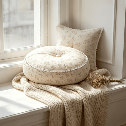Round Floor Cushion Floral Tatami Seat Cushion for Living Room Bedroom Window, Boho Meditation Pillow for Reading & Yoga