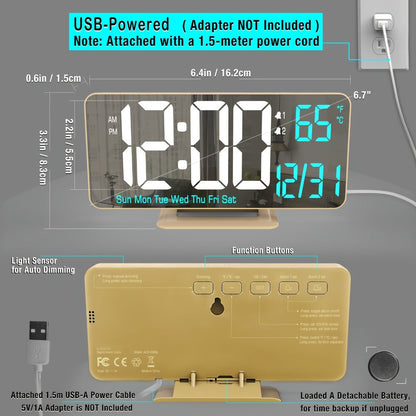 Large Digital Alarm Clock 6.7" with Dual Alarm & Dimmable LED Display, USB Powered Desk Clock with Temperature
