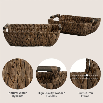 Water Hyacinth Woven Storage Baskets 2-Pack with Wooden Handles in Natural Seagrass Options