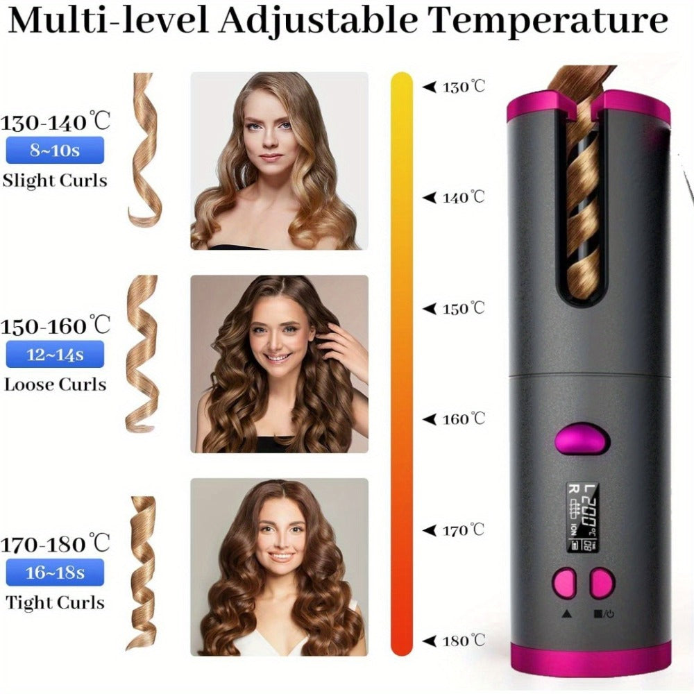 Cordless Automatic Hair Curler USB Rechargeable Rotating Curling Iron 6 Heat Settings LCD Display Auto Shut-Off Fast Heat-Up Storage Bag 4 Hair Clips Comb All Hair Types Women Blue Pink Gray Gradient