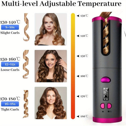Cordless Automatic Hair Curler USB Rechargeable Rotating Curling Iron 6 Heat Settings LCD Display Auto Shut-Off Fast Heat-Up Storage Bag 4 Hair Clips Comb All Hair Types Women Blue Pink Gray Gradient
