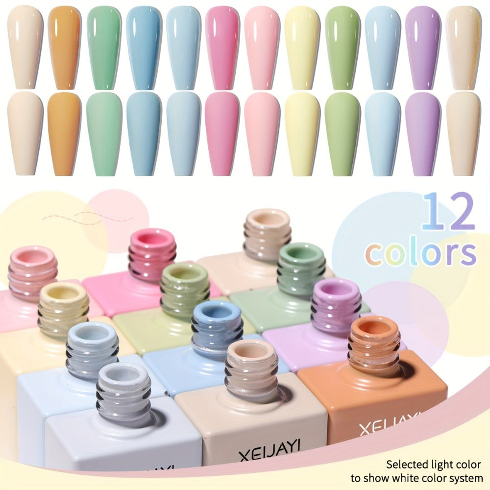 Gel Nail Polish Set with XEIJAYI Label, 12 Candy Macaroon Gel Colors in 0.51oz Square Bottles
