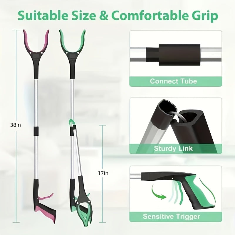 Folding Grabber Reacher with Rotating Silicone Jaws, Magnetic Pickup Tip, Wrist Cord and Green Handle