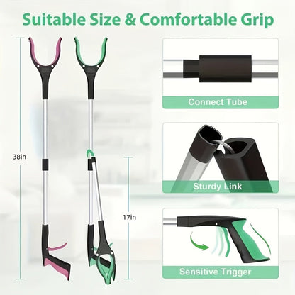 Folding Grabber Reacher with Rotating Silicone Jaws, Magnetic Pickup Tip, Wrist Cord and Green Handle