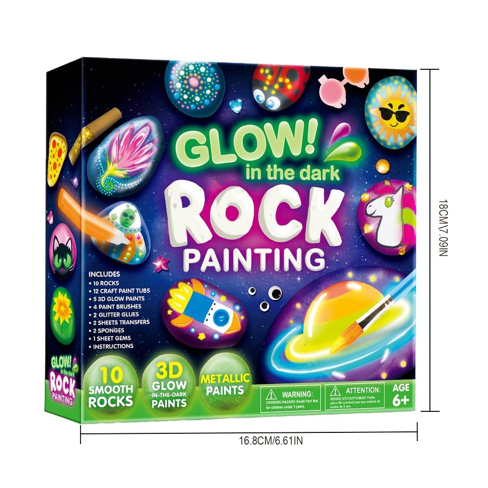 Rock Painting Kit for Kids Glow in the Dark – 10 Rocks Metallic & Glow Paints Gems Glitter Brushes Stickers All-in-One Craft Set for Boys Girls Ages 6+ Birthday Easter Christmas Gift