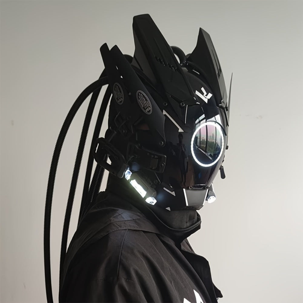 LED Braided Cyberpunk Costume Helmet with Circular Face Light and Blue, Green or Pink Accent Styles
