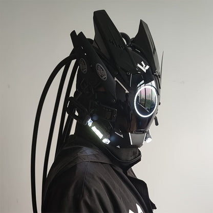 LED Braided Cyberpunk Costume Helmet with Circular Face Light and Blue, Green or Pink Accent Styles