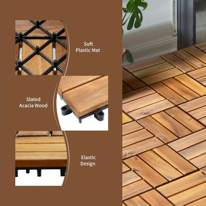 Interlocking Acacia Wood Deck Tiles, 27-Pack of 12-Inch Slatted Squares for Patio, Balcony or Indoor Floors