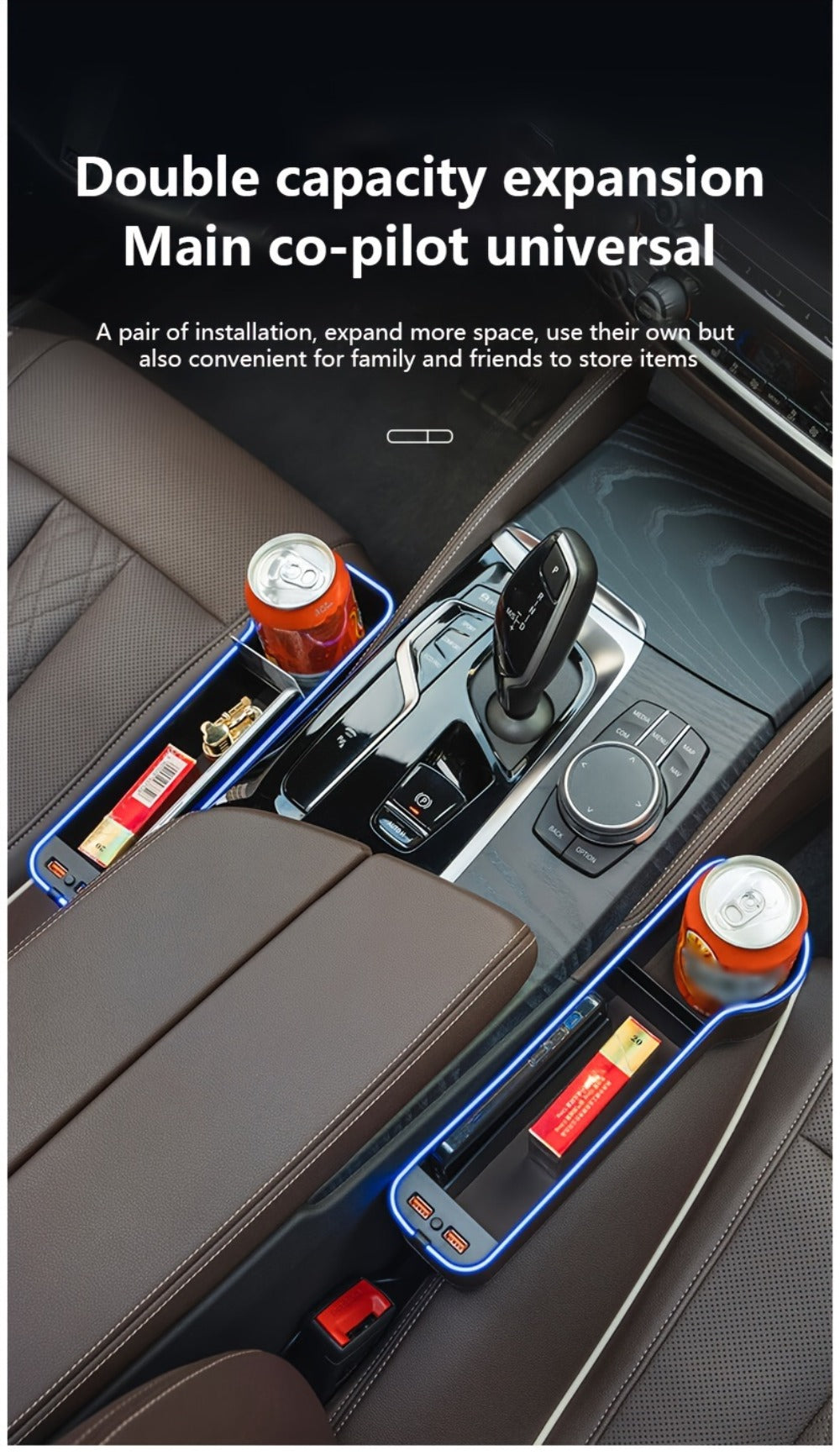 Car Seat Gap Storage Box with Phone Holder & Charger – Sundries Organizer with Ambient Atmosphere Light, Driver & Co-Pilot, 1pc or 2pc Set