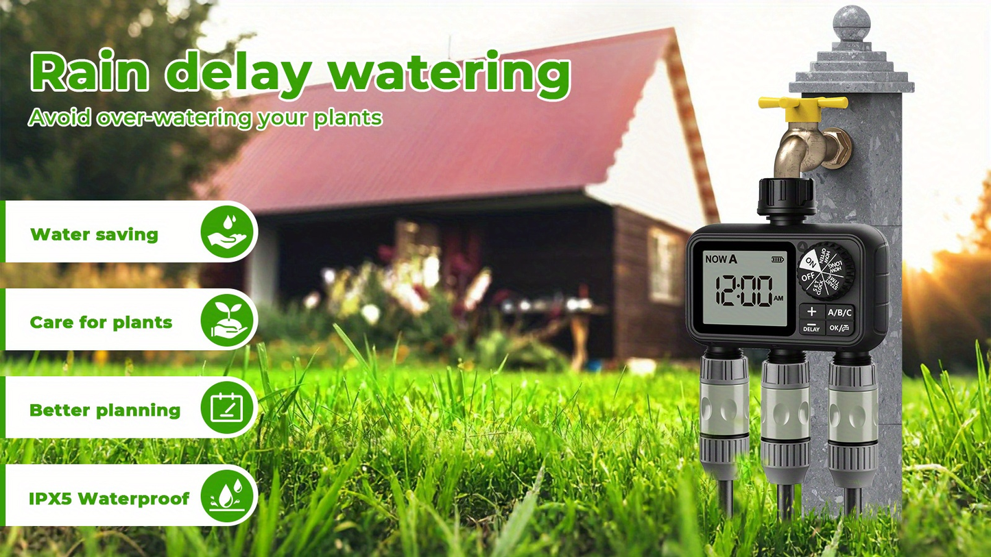 3-Zone Sprinkler Timer with Auto/Manual/Rain Delay Modes – Programmable Garden Hose Irrigation Controller, LCD Display, IPX5 Waterproof