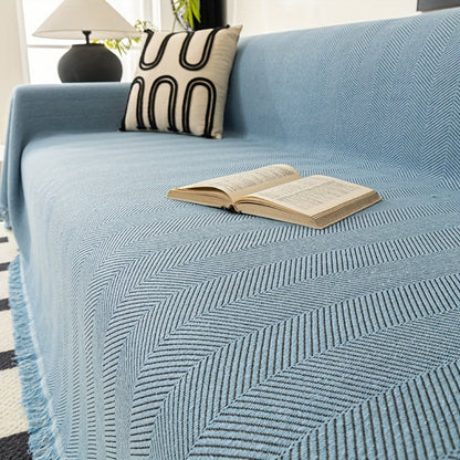 Sofa Cover 71-Inch Herringbone Jacquard Woven Throw with Tassel Fringe in Grey, Coffee, Green or Blue