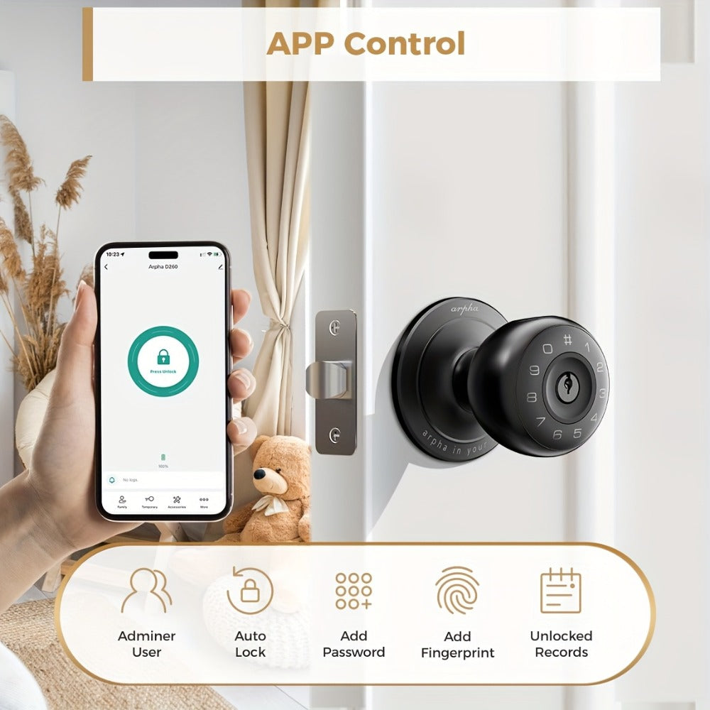 Smart Door Lock Arpha Round Knob with Fingerprint Keypad App and Mechanical Key Access in Black