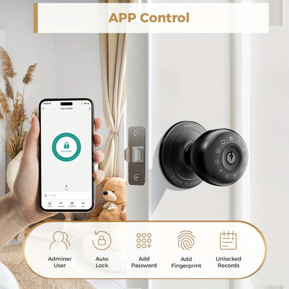 Smart Door Lock Arpha Round Knob with Fingerprint Keypad App and Mechanical Key Access in Black