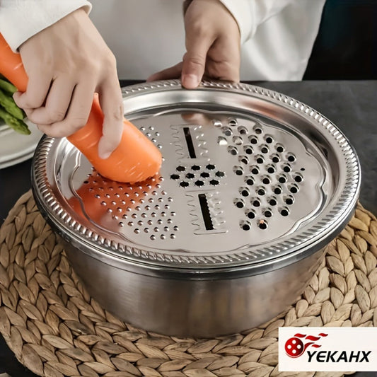 Stainless Steel Kitchen Bowl Set, Three-Piece Grater, Colander and Mixing Bowl Prep System