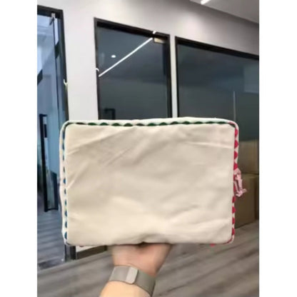 Beige Rectangular Cosmetic Bag with Colorful Edge Trim, Top Zipper and Protected Beige Bag Checkout Label