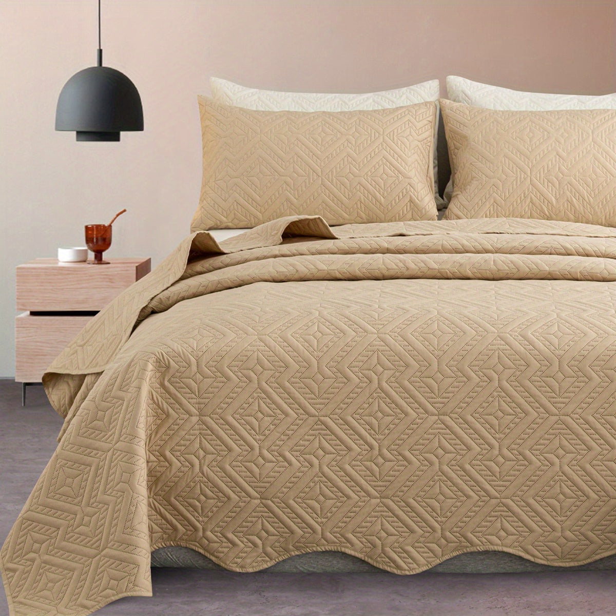 Rhombus-Pattern Three-Piece Bedspread Set in Khaki, Matcha, Blue and Grey with Twin to King Sizes
