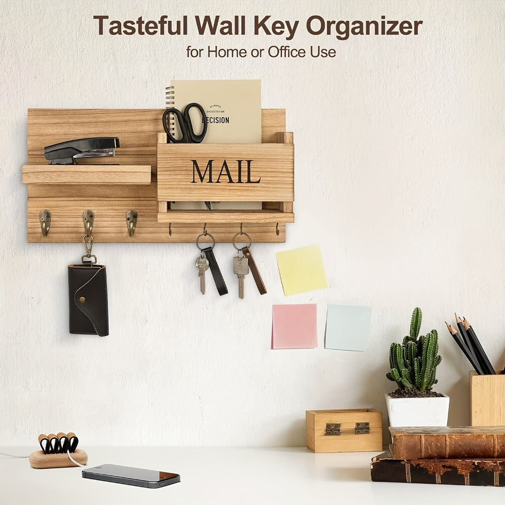 Wall Mounted Storage Rack with Mail Slot – Rustic Wood Floating Shelf with Hooks for Keys, Hats & Envelopes, Decorative Organizer for Entryway, Porch, Bedroom, Bathroom & Living Room