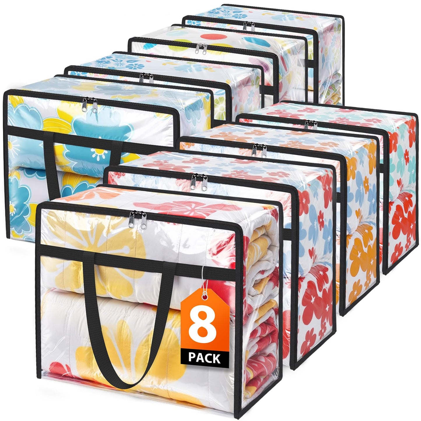 Storage Bag Set, 8-Pack Clear PVC 15.85-Gallon Closet Organizers with Black Trim, Zippers and Carry Handles