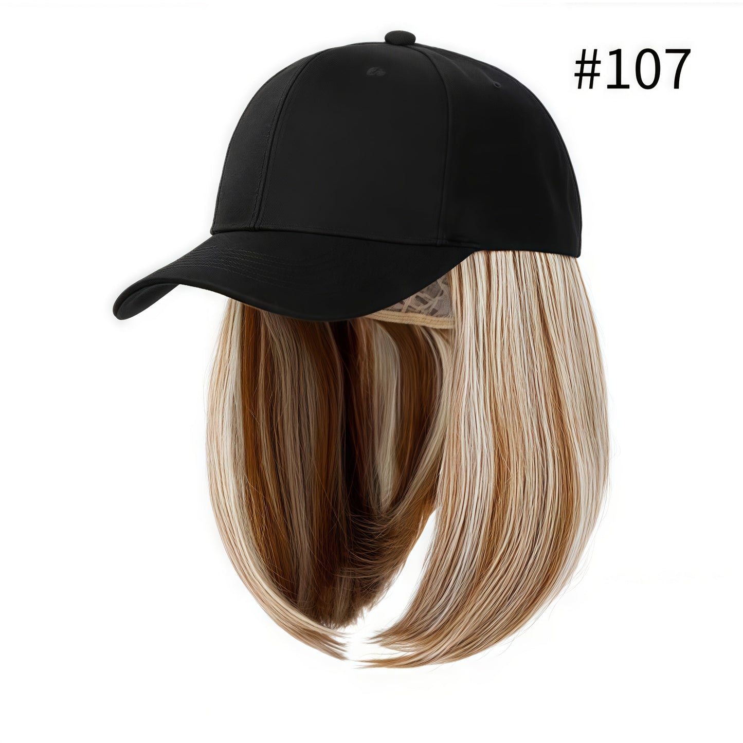 Baseball Cap with Attached 12-Inch Straight Bob Hairpiece in Style4, Black, 613 or 107 Checkout Options