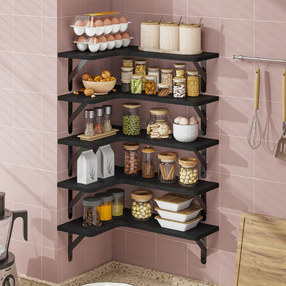 Corner Wall Shelf Set with L-Shaped Boards, Metal Brackets, Five- or Six-Piece Options and Seven Finishes
