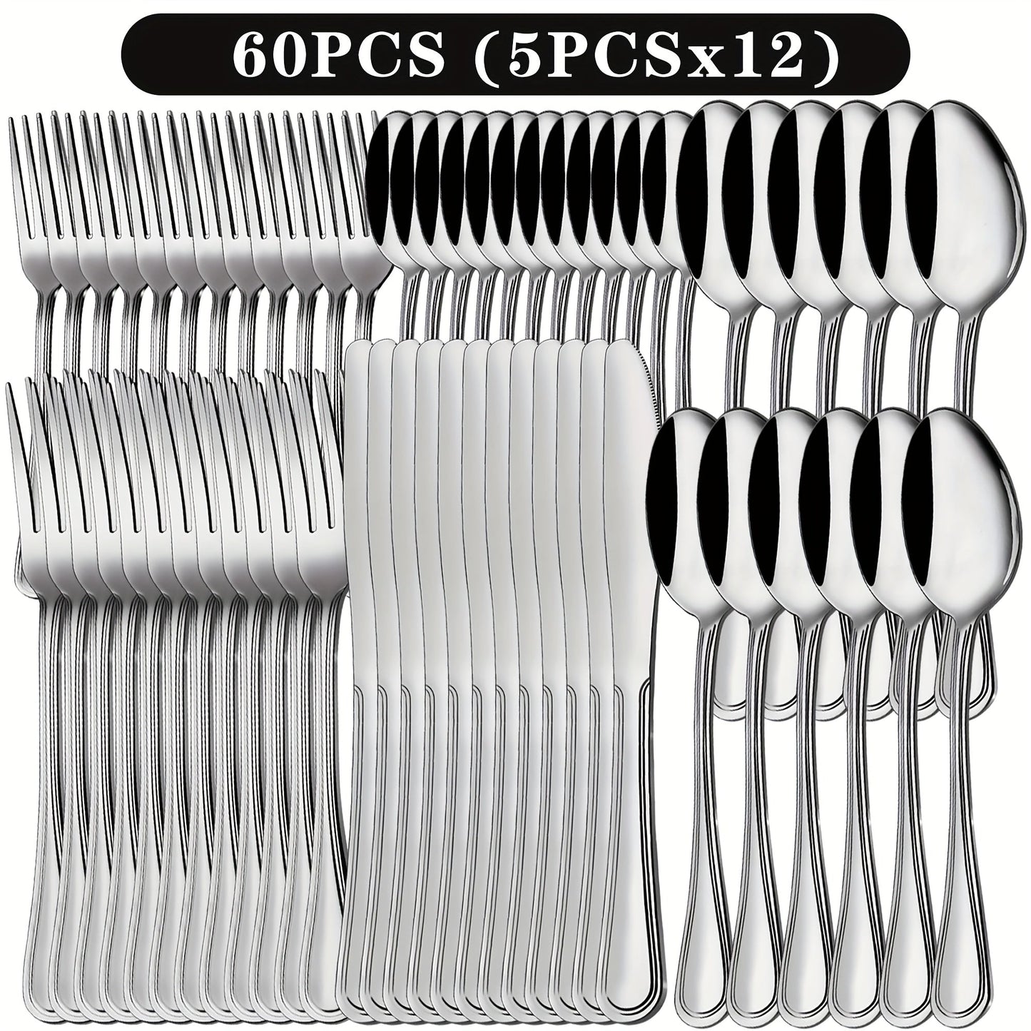 Stainless Steel Flatware Cutlery Set – Mirror Polished, Dishwasher Safe, Silver & Black Options, Service for 4 / 8 / 12 – Kitchen Utensil Set for Home, Restaurant & Wedding Gift