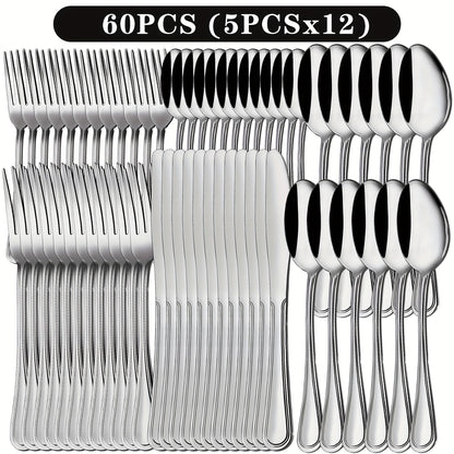 Stainless Steel Flatware Cutlery Set – Mirror Polished, Dishwasher Safe, Silver & Black Options, Service for 4 / 8 / 12 – Kitchen Utensil Set for Home, Restaurant & Wedding Gift