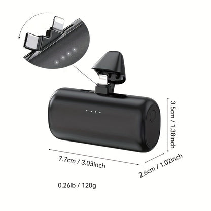 Power Bank 5000mAh Mini with Built-In 2-in-1 Lightning/USB-C Plug and 18.5W Listed Output in Black or Pink