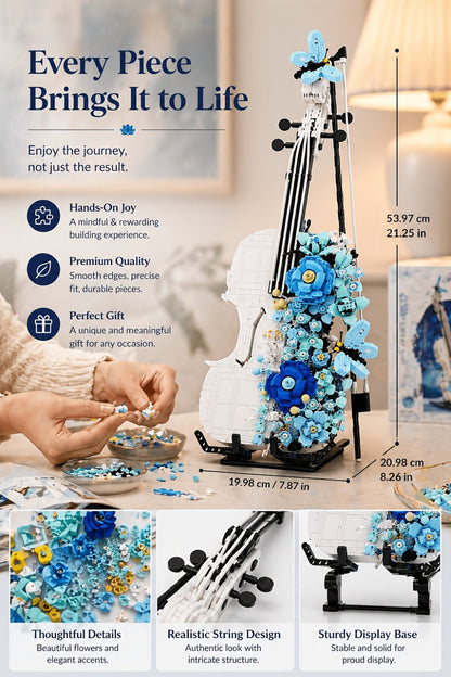 1419-Piece Flower Violin Building Block Model with Brick-Built Stand, Blue Blooms and Panel Detail
