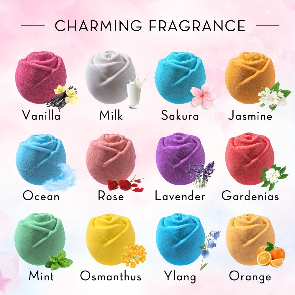 Bath Bombs, 12-Piece Shea Butter and Essential Oil Gift Set with Assorted Round Fizzers and Fragrance Labels
