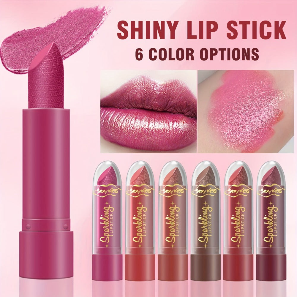 Lipstick Set, Sexy Kiss 6-Piece Sparkling Shimmer Bullet Collection in a Pink Presentation Box