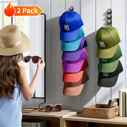 Wall Mounted Hat Rack for Baseball Caps – Adhesive or Drill Mount, Holds 20 Hats, Multilayer Storage, 2pcs