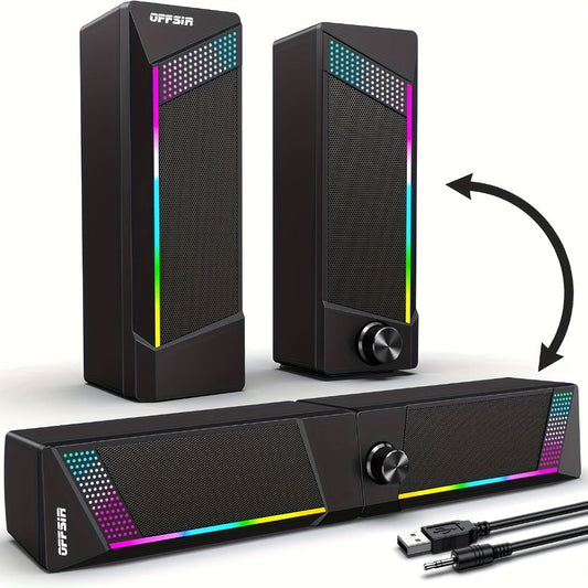 2-in-1 RGB Gaming Computer Speakers Wired, PC Desktop Laptop Soundbar with Subwoofer, Volume Control, RGB Ambient Light, USB Powered, 3.5mm Aux Input for Home Office Gaming