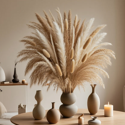 Dried Pampas Grass Bouquet 125pcs Natural Dried Flowers Boho Home Decor Bunny Tails Arrangement for Vase Wedding Centerpiece Bohemian Room Decoration Photography