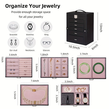 Jewelry Box 6 Tier with 5 Drawers Mirror & Lock | Large Jewelry Organizer Storage Case Gift for Women