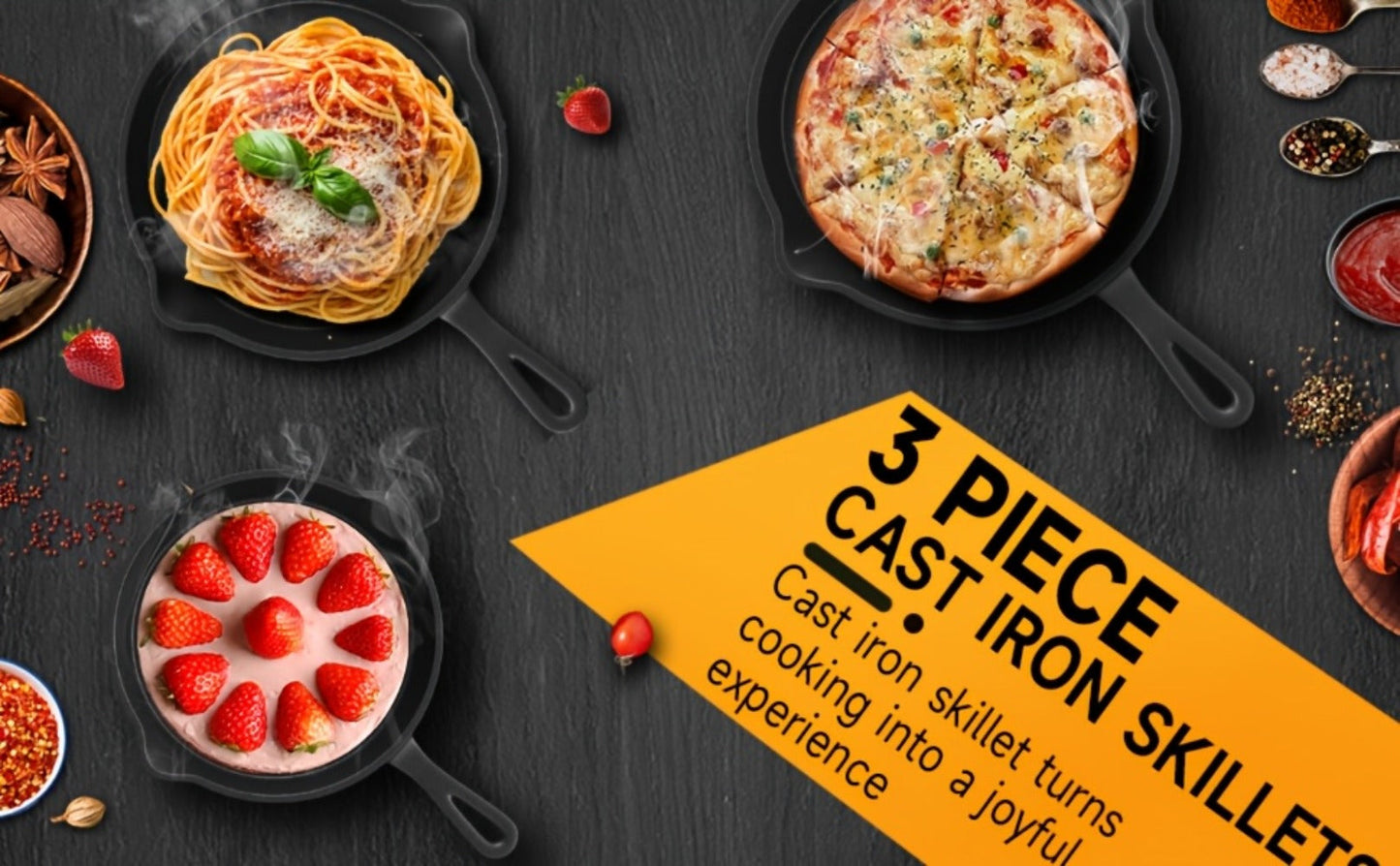 3-Piece Cast Iron Skillet Set with Long Handles, Pouring Lips and 6-, 8- and 10-Inch Graduated Pans