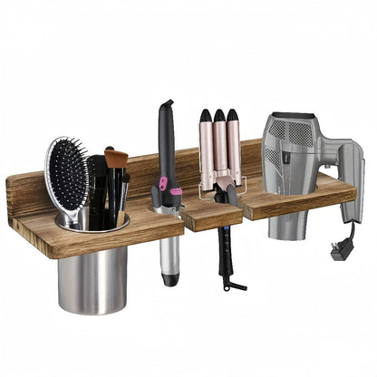 Wall-Mounted Wooden Hair Tool Organizer with Holder for Hair Dryer, Curling Iron and Brushes in Two Colors