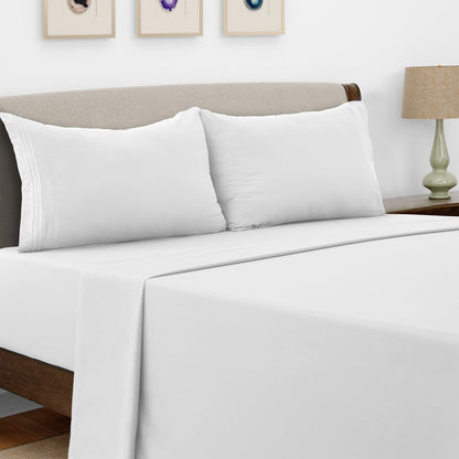 Bed Sheet Set Microfiber with Size-Dependent 3- or 4-Piece Contents and Six Documented Bed Dimensions