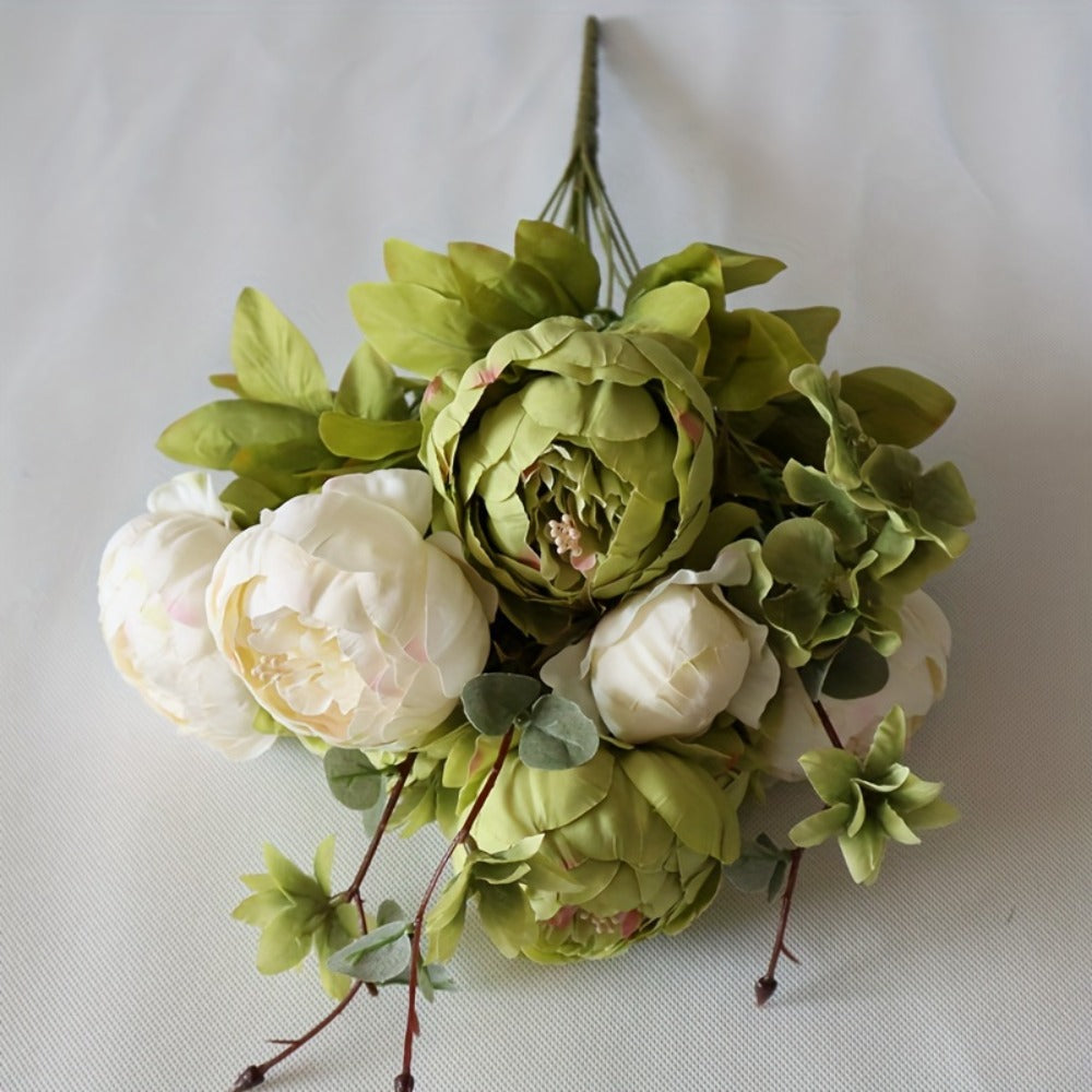 Artificial Flowers Vintage Peony and Hydrangea Bouquet in Beige and Green for Wedding and Home Decor
