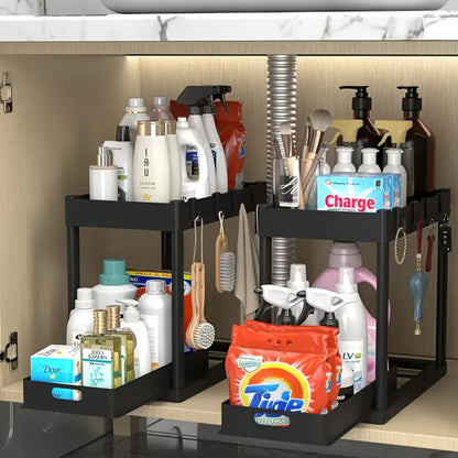 Under Sink Organizer 2pcs Double Tier Sliding Storage Basket with 8 Hooks – Kitchen Bathroom Cabinet Rack Shelf