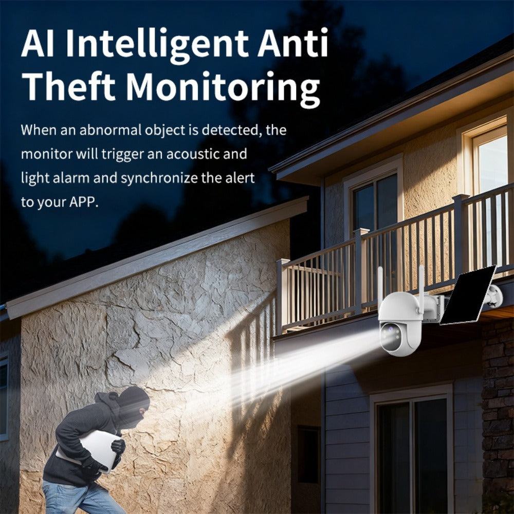Encrypted Cloud Solar Security Camera Outdoor 3MP AI Detection – App-Controlled Pan Tilt, Full Color Night Vision, Sound & Light Alert, Two-Way Audio, Waterproof Wireless WiFi Camera