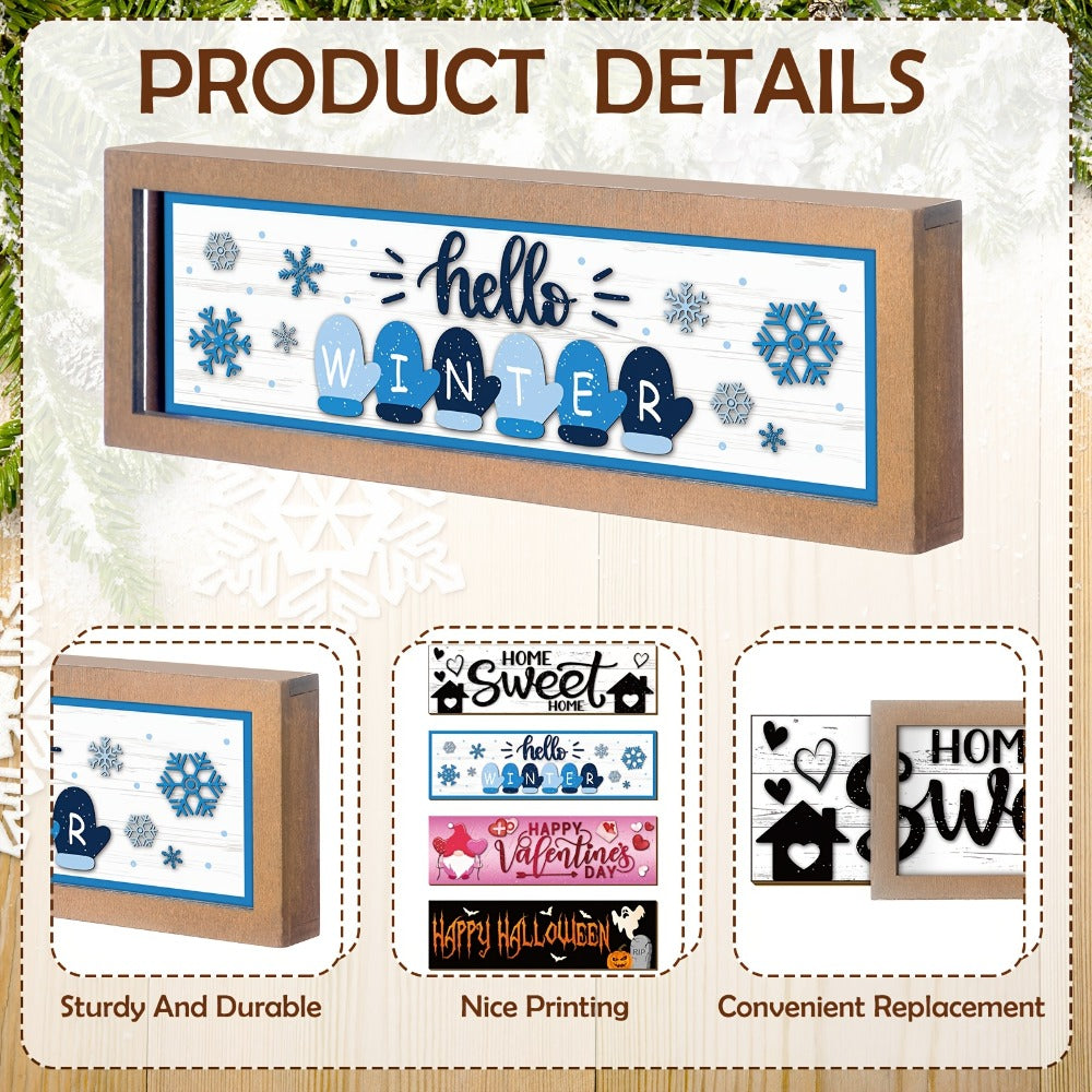 Twenty-Five-Piece Interchangeable Seasonal Welcome Sign Set with Wood Frame and Holiday Message Inserts