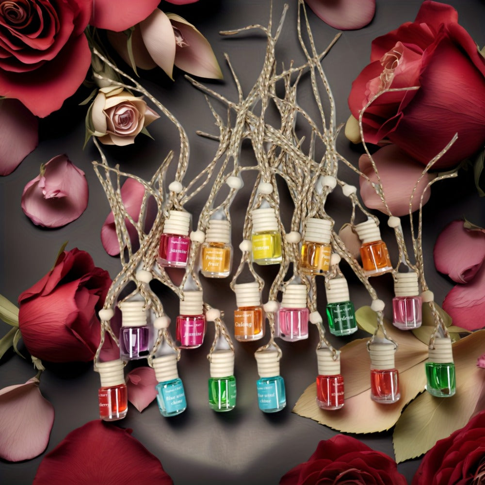 Car Air Freshener 18-Pack Hanging Diffuser Bottles with Six Random Scents and Adjustable Wood Caps