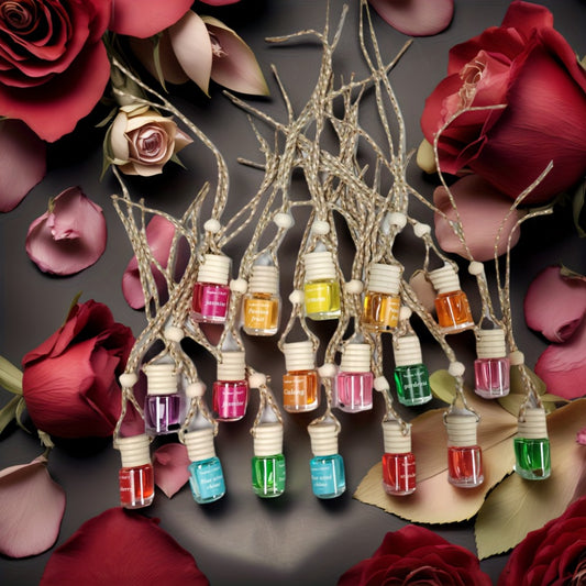 Car Air Freshener 18-Pack Hanging Diffuser Bottles with Six Random Scents and Adjustable Wood Caps
